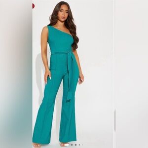 Fashion Nova Teal One-Shoulder Jumpsuit